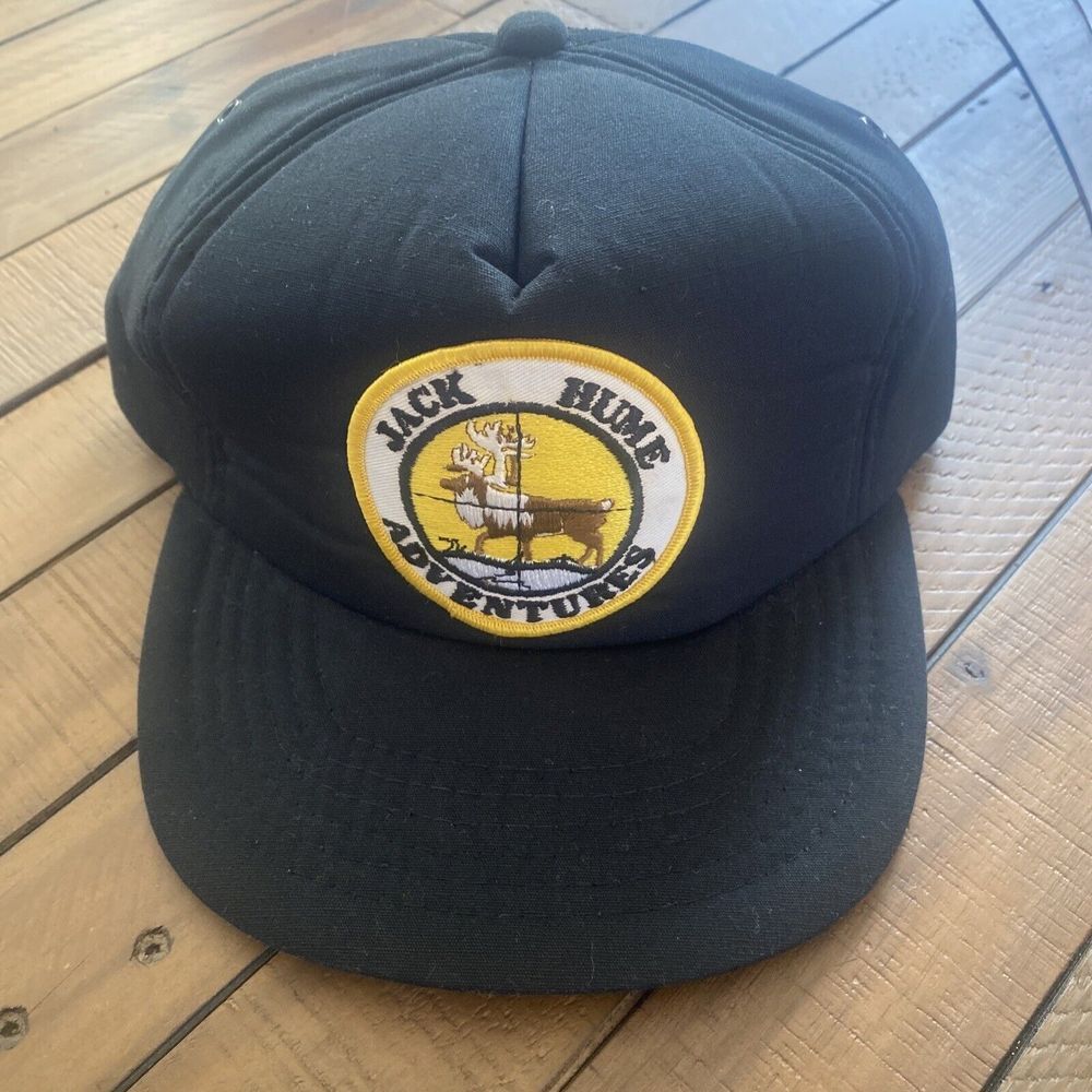 NOS Vintage Jack Hume Adventures Patch Black Hat Snapback Puffy Cap Hunting